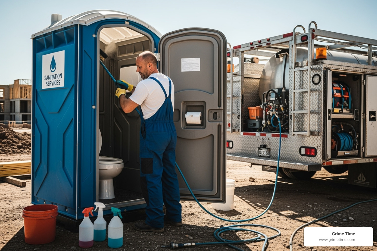image of a service technician cleaning and restocking a portable toilet unit - Portable toilet rentals