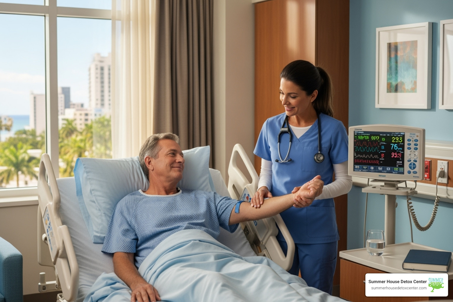 compassionate nurse checking a patient's vitals in a comfortable room in Miami - medical detox from methadone