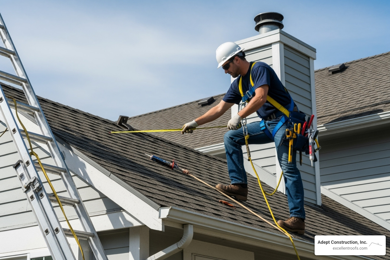 Image of a roofer safely inspecting a roof with proper equipment - downers grove roof inspection Image of a roofer safely inspecting a roof with proper equipment - downers grove roof inspection