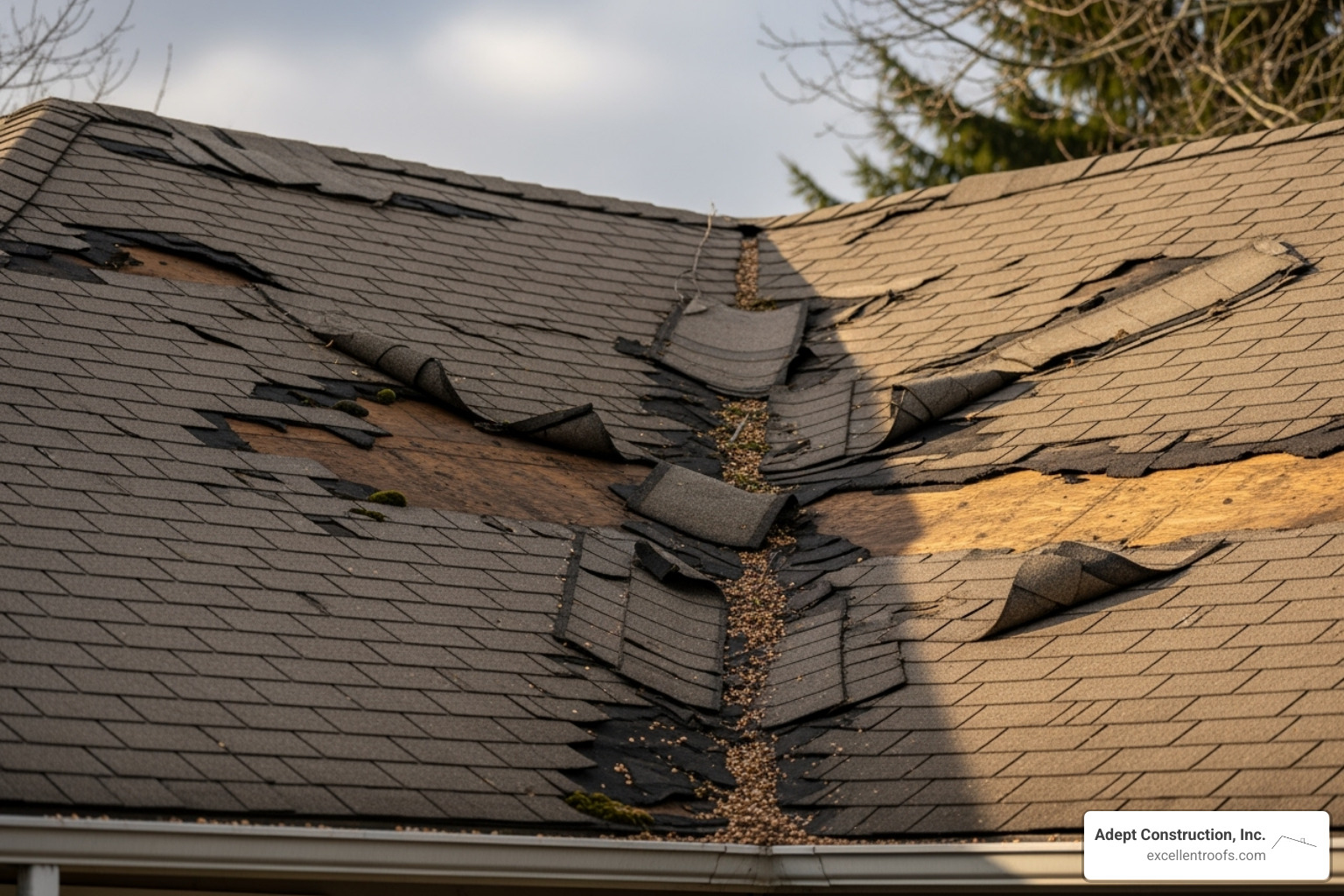 Image of cracked or missing asphalt shingles - downers grove roof inspection Image of cracked or missing asphalt shingles - downers grove roof inspection