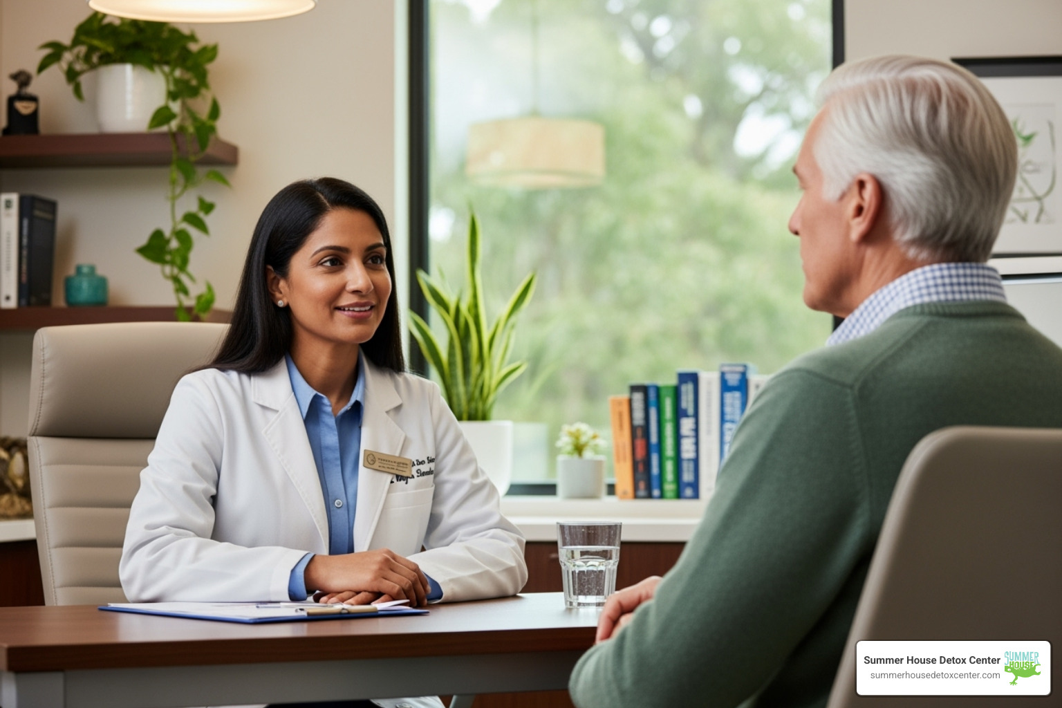 A compassionate doctor consulting with a patient in a comfortable setting - methadone taper off