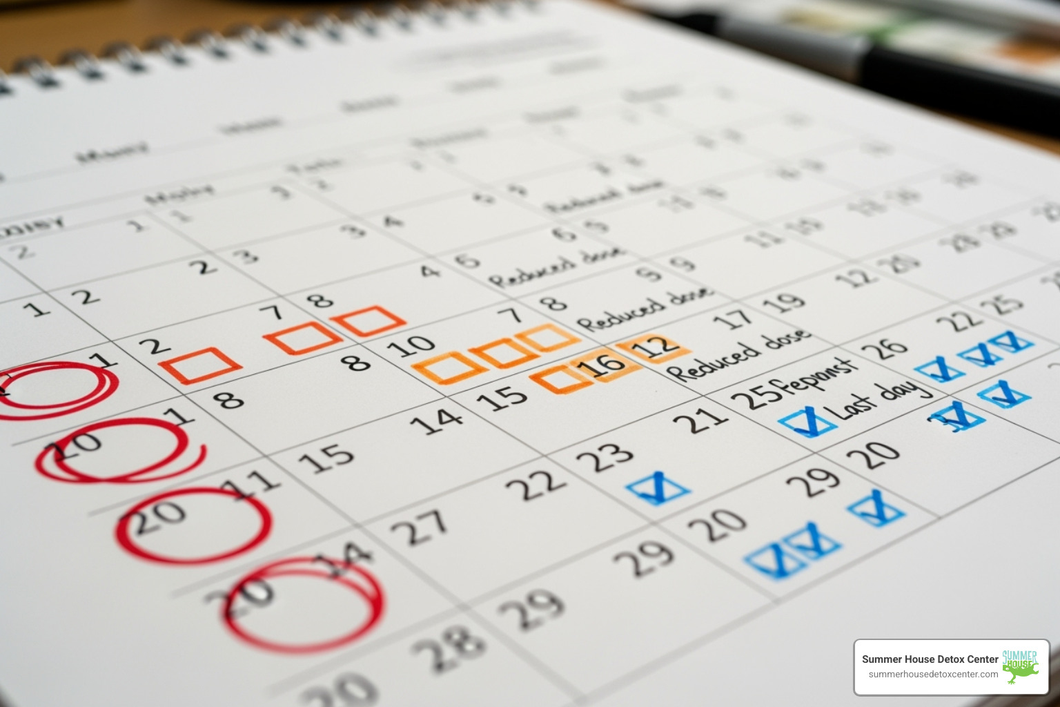A calendar with a tapering schedule marked, highlighting gradual reductions - methadone taper off