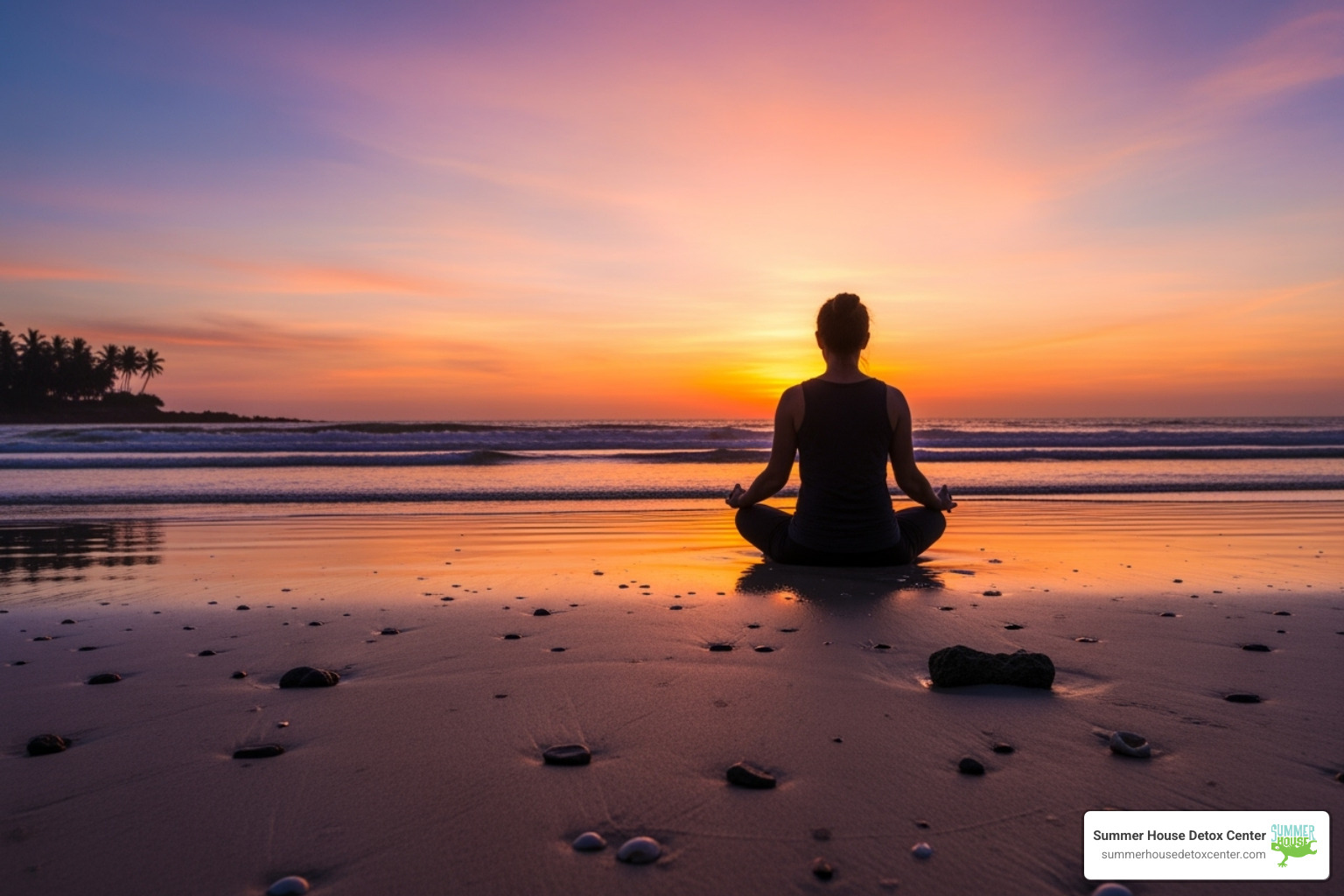 Someone practicing meditation on a tranquil Florida beach at sunset - methadone taper off