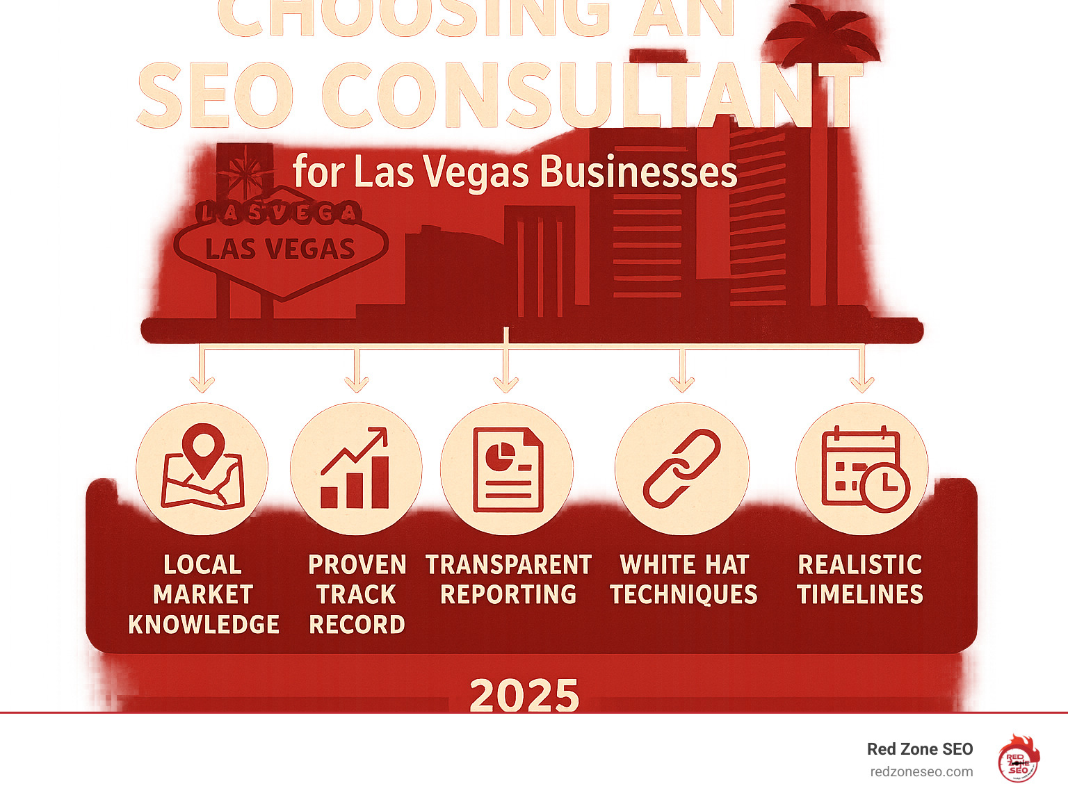 Infographic showing the SEO consultant selection process for Las Vegas businesses, including key factors like local market knowledge, proven track record, transparent reporting, white-hat techniques, and realistic timelines for results - seo consultant near las vegas infographic 