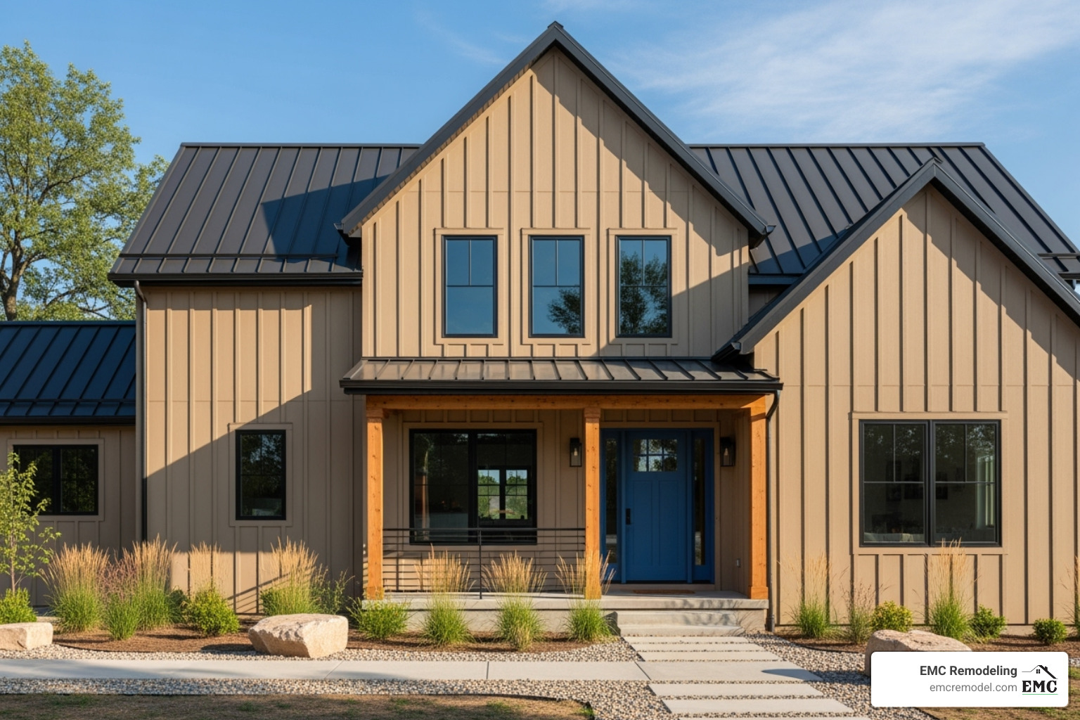 Modern farmhouse with Navajo Beige siding and a dark metal roof - navajo beige james hardie