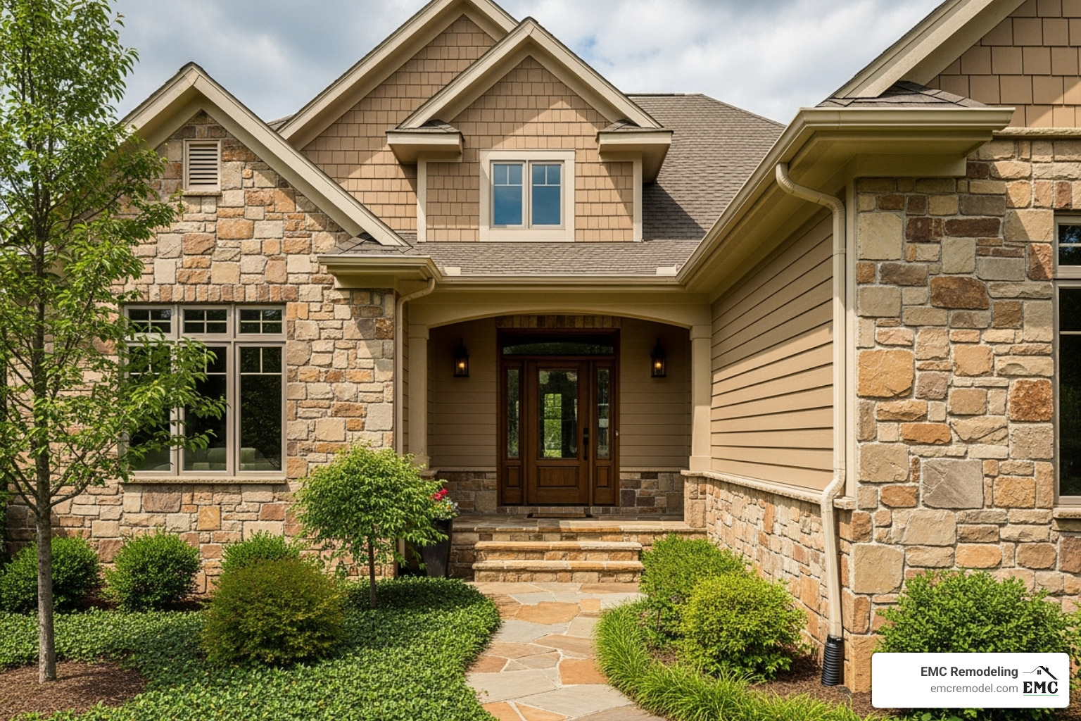 Home showcasing Navajo Beige siding with natural stonework accents - navajo beige james hardie