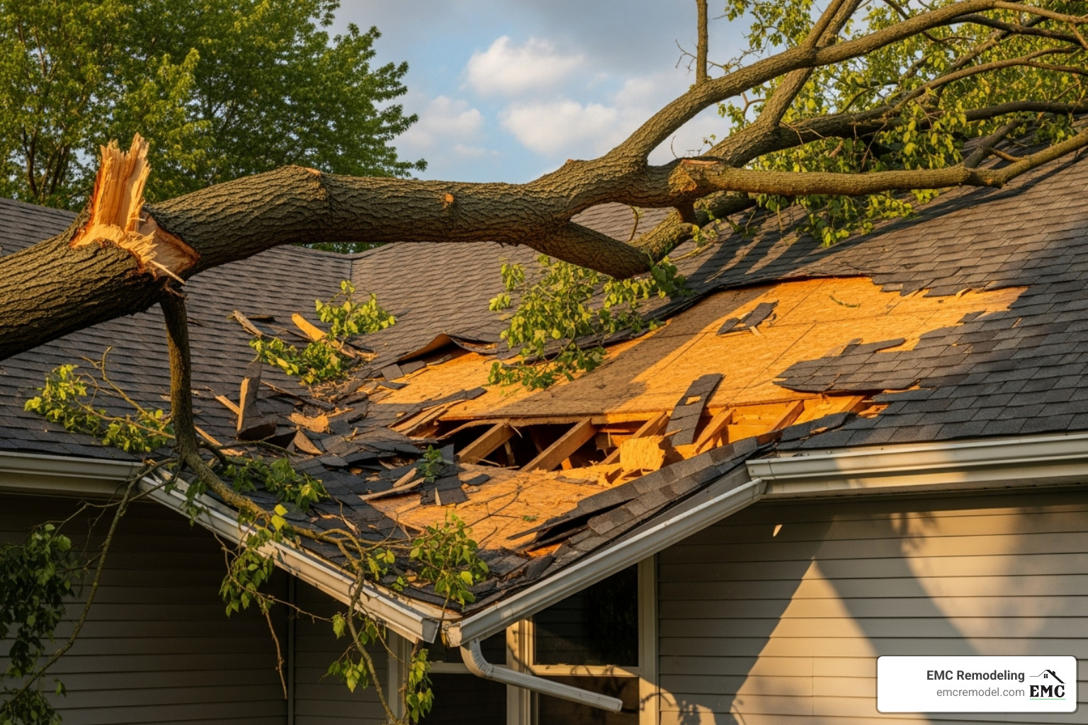 large tree branch on residential roof - same day roof repair