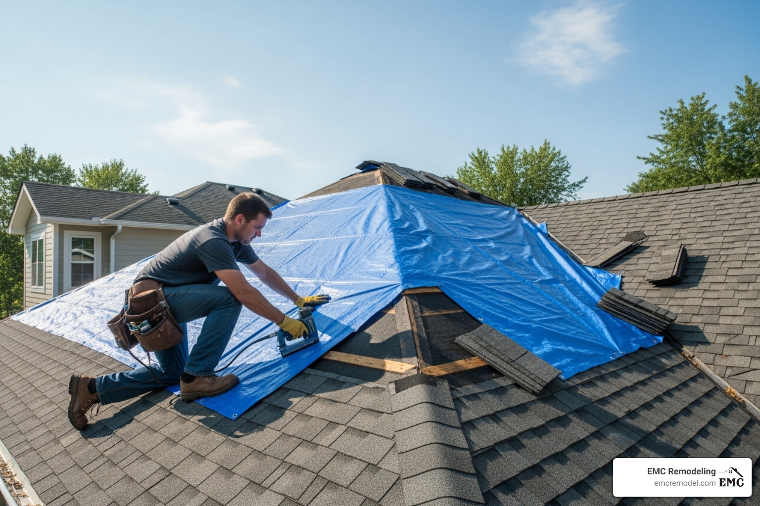 professional roofer applying an emergency tarp - same day roof repair