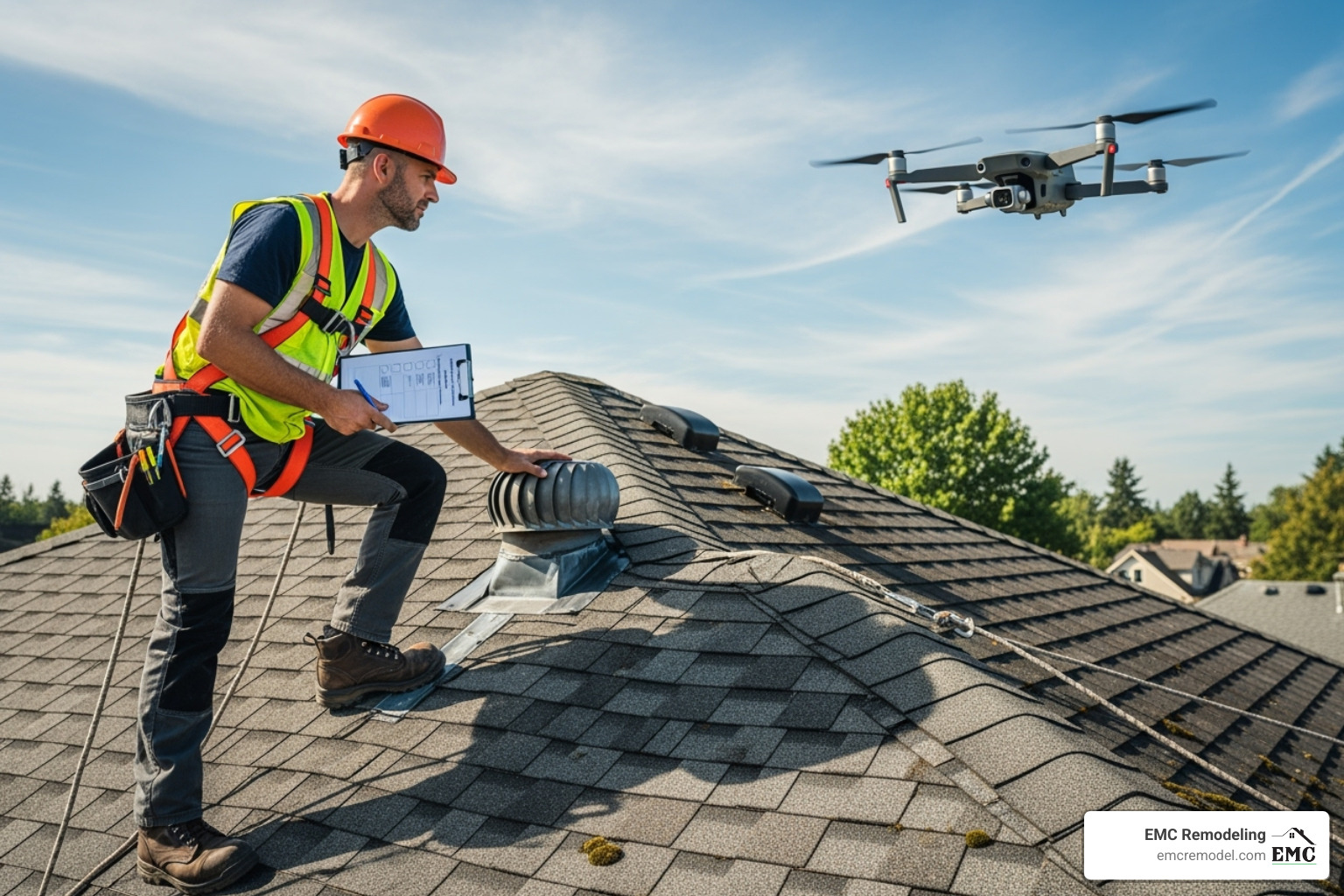 roofer performing a routine roof inspection with a checklist - same day roof repair