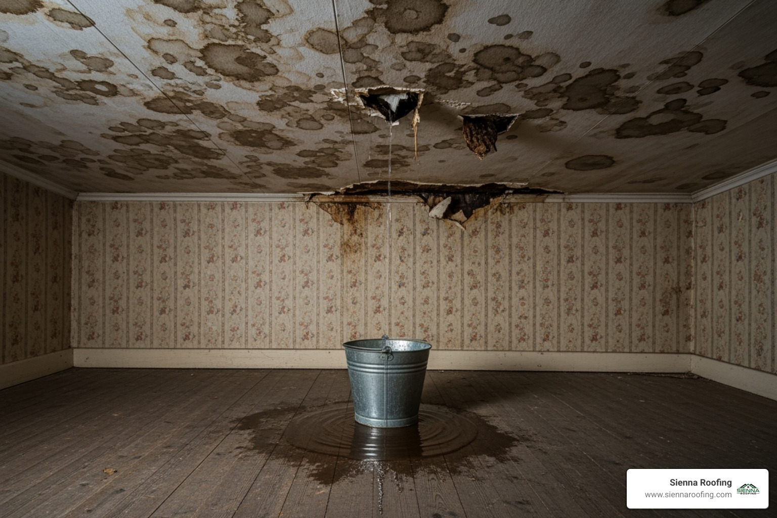 Image of interior water damage from a roof leak, showing stains on the ceiling and a bucket catching dripping water - flat roof hail damage
