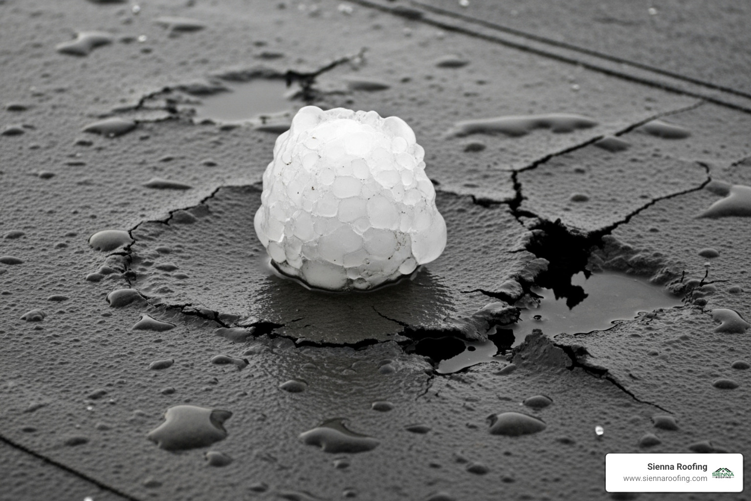Image of a large hailstone next to a damaged flat roof membrane - flat roof hail damage