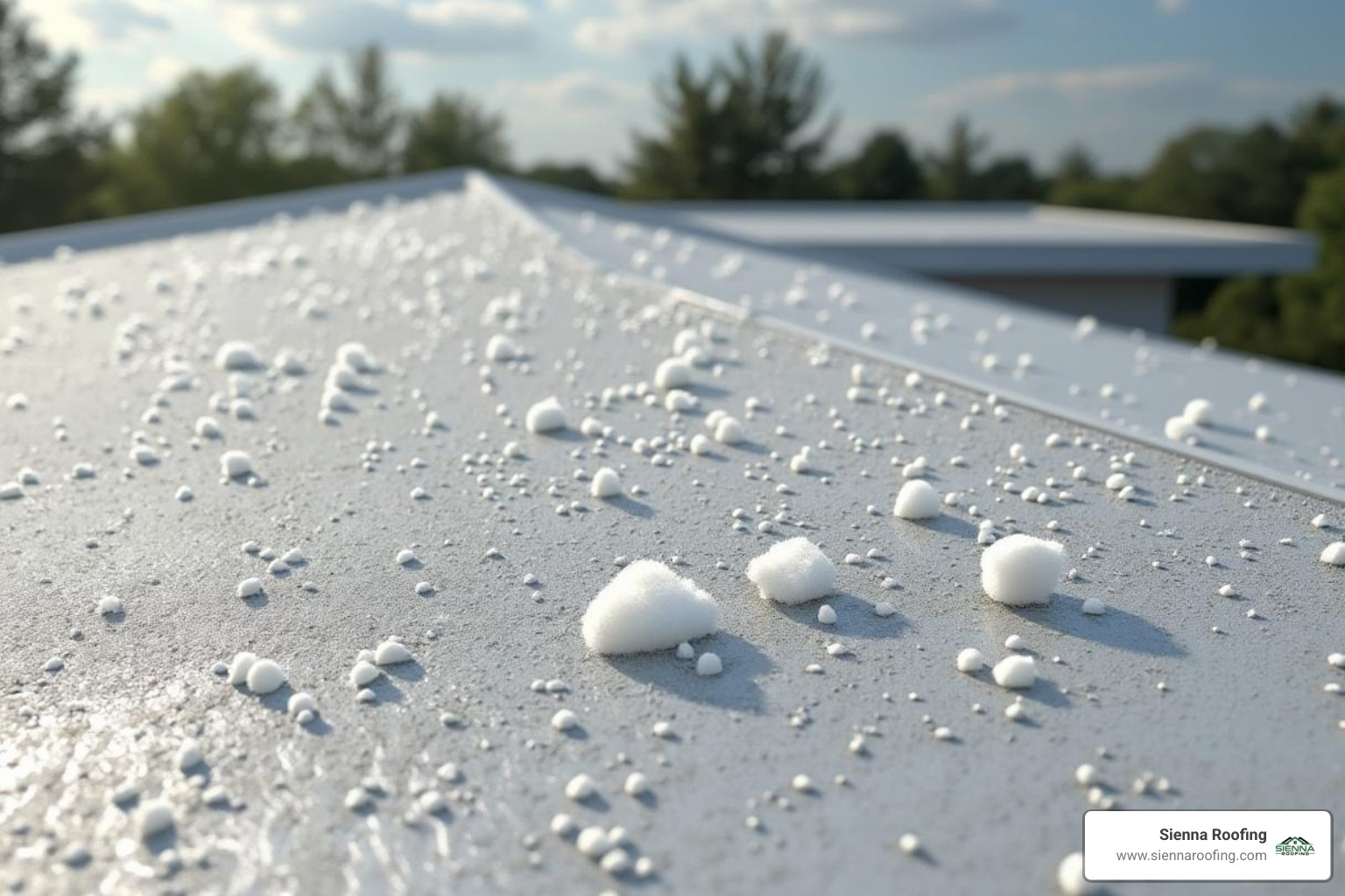 Image of hail damage on a TPO roof showing semicircle patterns and small punctures - flat roof hail damage