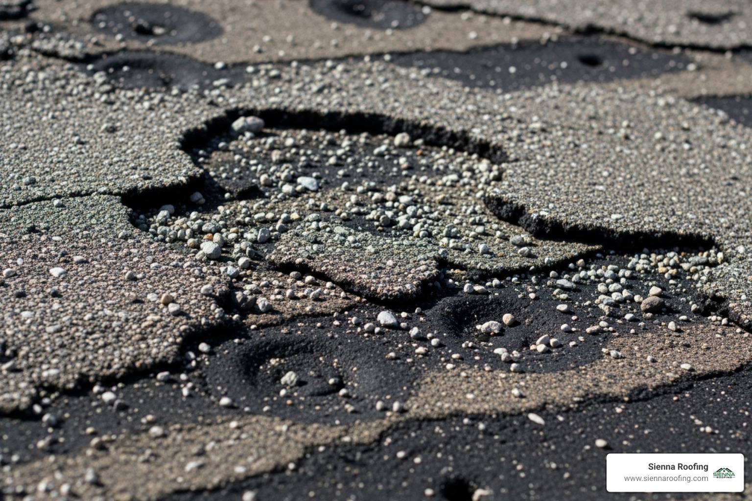 Image of hail damage on a BUR roof showing displaced gravel and exposed asphalt - flat roof hail damage