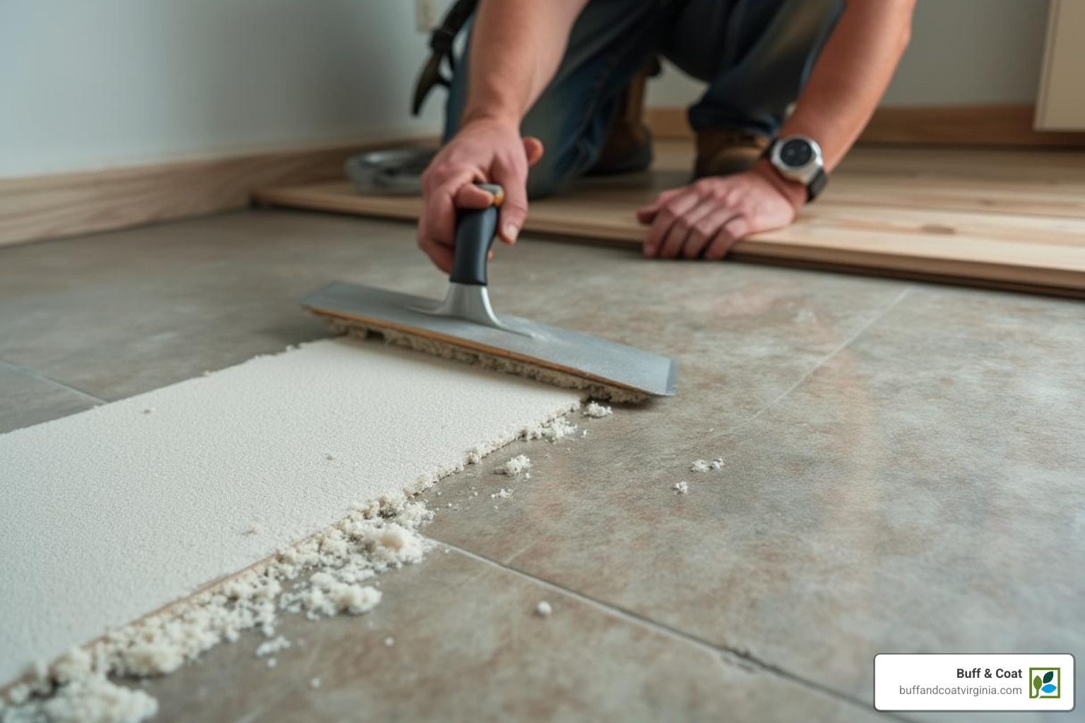 professional installer applying adhesive - glueing hardwood to concrete professional installer applying adhesive - glueing hardwood to concrete
