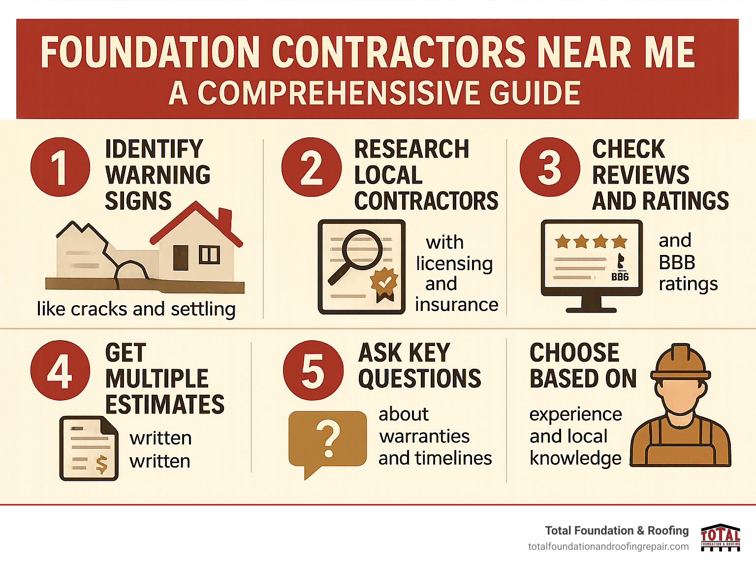 Comprehensive guide showing the 6-step process for finding foundation contractors: 1) Identify foundation warning signs like cracks and settling, 2) Research local contractors with proper licensing and insurance, 3) Check reviews and BBB ratings, 4) Get multiple written estimates, 5) Ask key questions about warranties and timelines, 6) Choose based on experience and local knowledge - foundation contractors near me infographic 