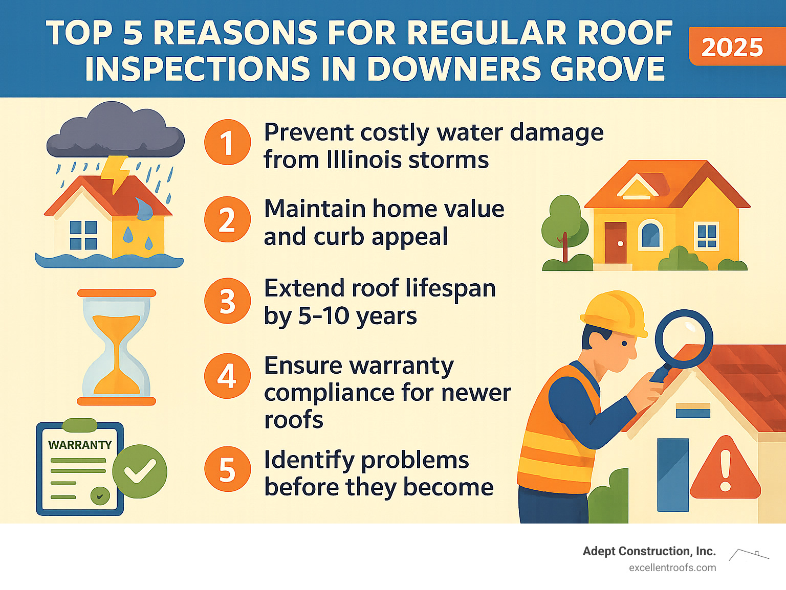 Infographic showing the top 5 reasons for regular roof inspections in Downers Grove: 1. Prevent costly water damage from Illinois storms, 2. Maintain home value and curb appeal, 3. Extend roof lifespan by 5-10 years, 4. Ensure warranty compliance for newer roofs, 5. Identify problems before they become emergencies - downers grove roof inspection infographic  Infographic showing the top 5 reasons for regular roof inspections in Downers Grove: 1. Prevent costly water damage from Illinois storms, 2. Maintain home value and curb appeal, 3. Extend roof lifespan by 5-10 years, 4. Ensure warranty compliance for newer roofs, 5. Identify problems before they become emergencies - downers grove roof inspection infographic