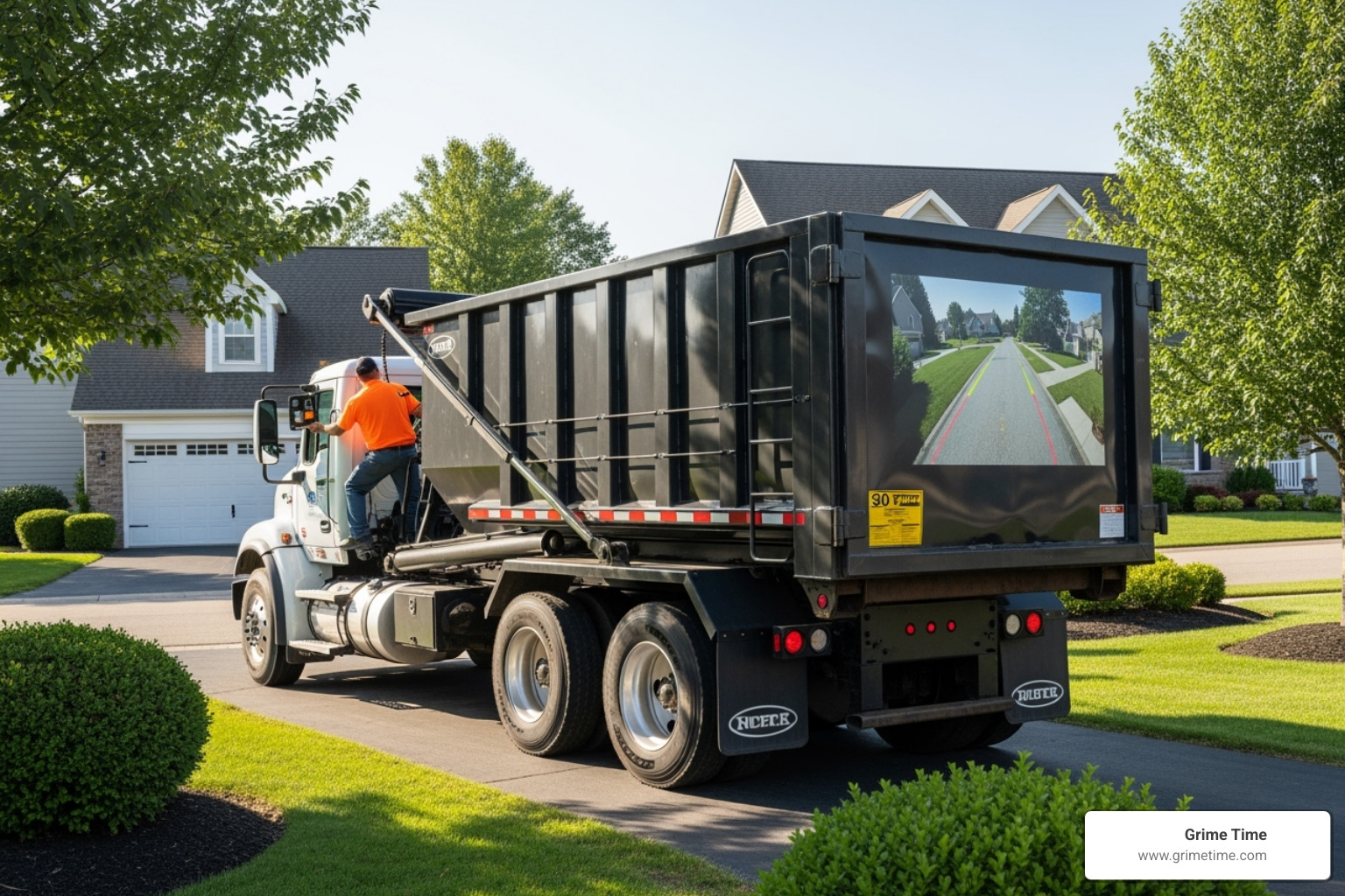 Dumpster delivery truck maneuvering into position - 30 yard dumpster rental