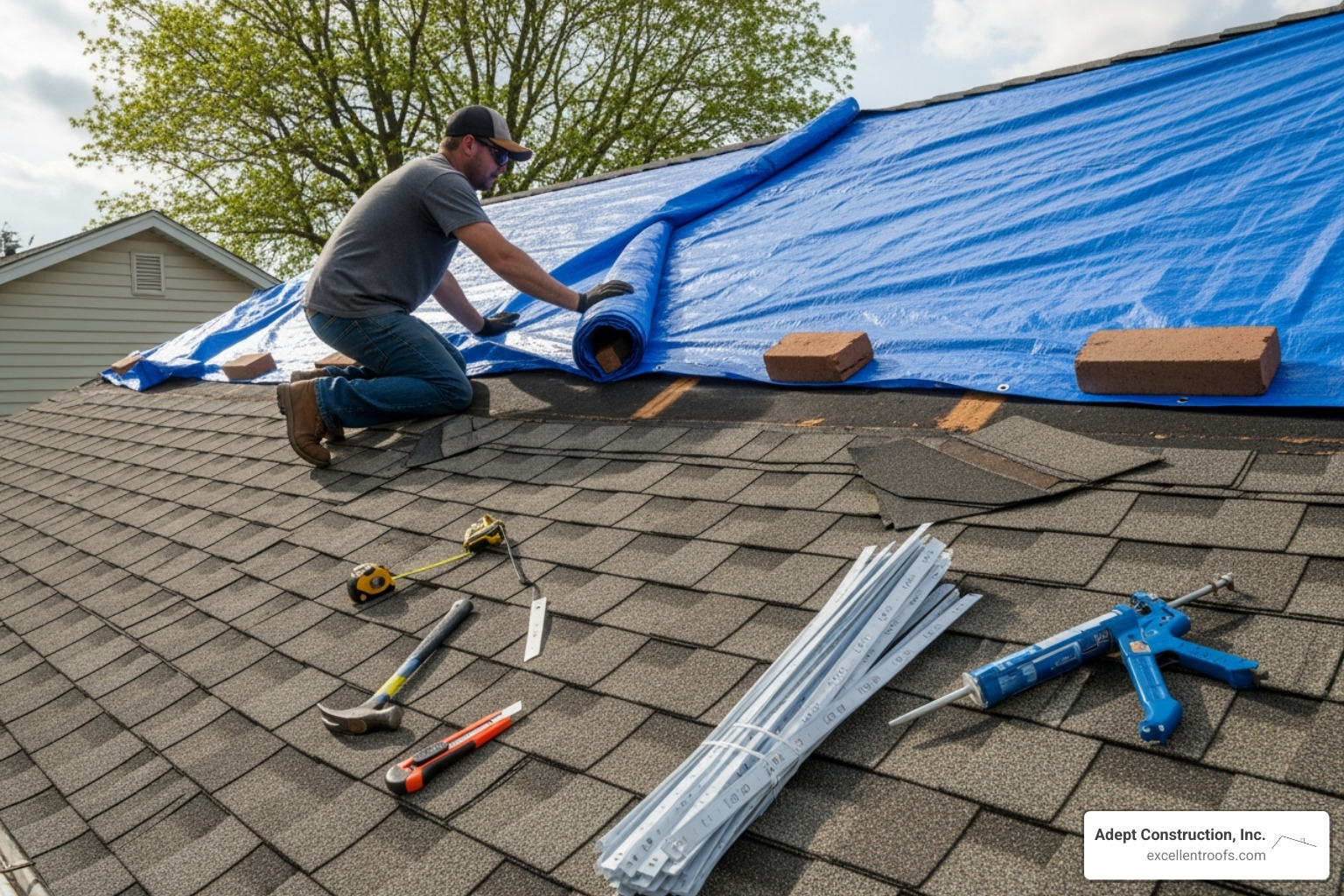 roofer applying emergency tarp - emergency roof repair in naperville