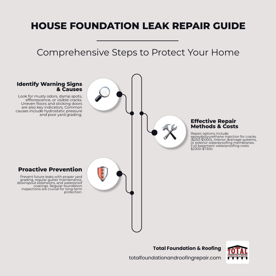 Comprehensive infographic showing the complete house foundation leak repair process, including common causes like hydrostatic pressure and clay bowl effect, warning signs such as efflorescence and musty odors, repair methods from epoxy injection to full waterproofing systems, typical costs ranging from $500 for small cracks to $7,300 for complete basement waterproofing, and prevention steps including proper grading and gutter maintenance - house foundation leak repair infographic infographic-line-3-steps-neat_beige