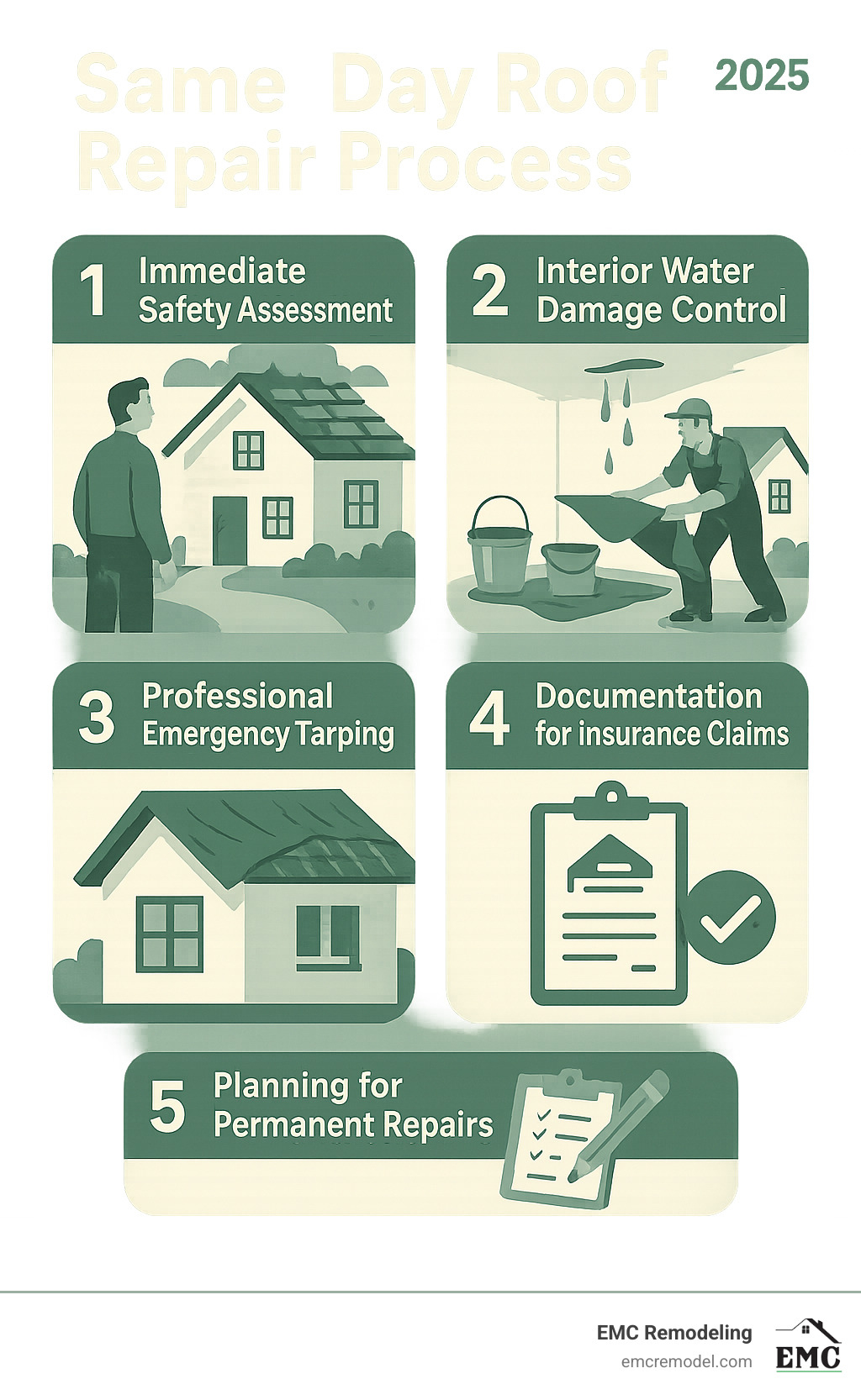 Infographic showing emergency roof repair process: 1. Immediate safety assessment from ground level, 2. Interior water damage control with buckets and tarps, 3. Professional emergency tarping service, 4. Documentation for insurance claims, 5. Planning for permanent repairs - same day roof repair infographic 