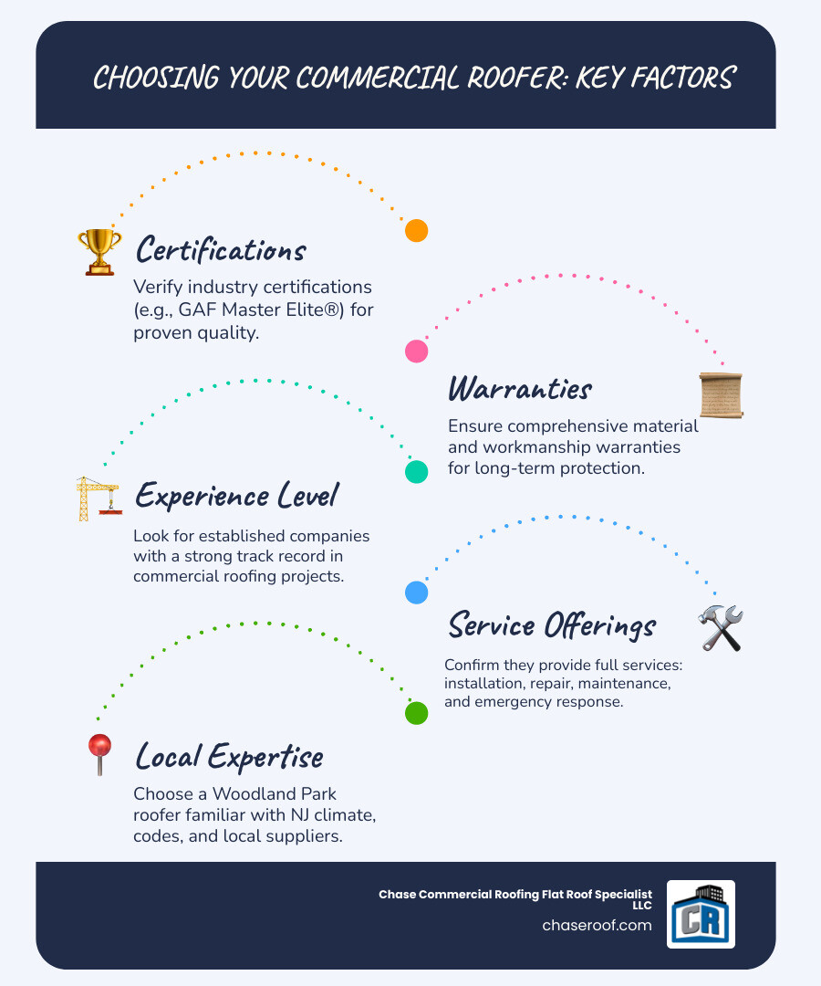 Comprehensive comparison chart showing key factors when selecting a commercial roofing contractor including certifications, warranties, experience levels, service offerings, and local expertise requirements - roofing company Woodland Park infographic infographic-line-5-steps-blues-accent_colors