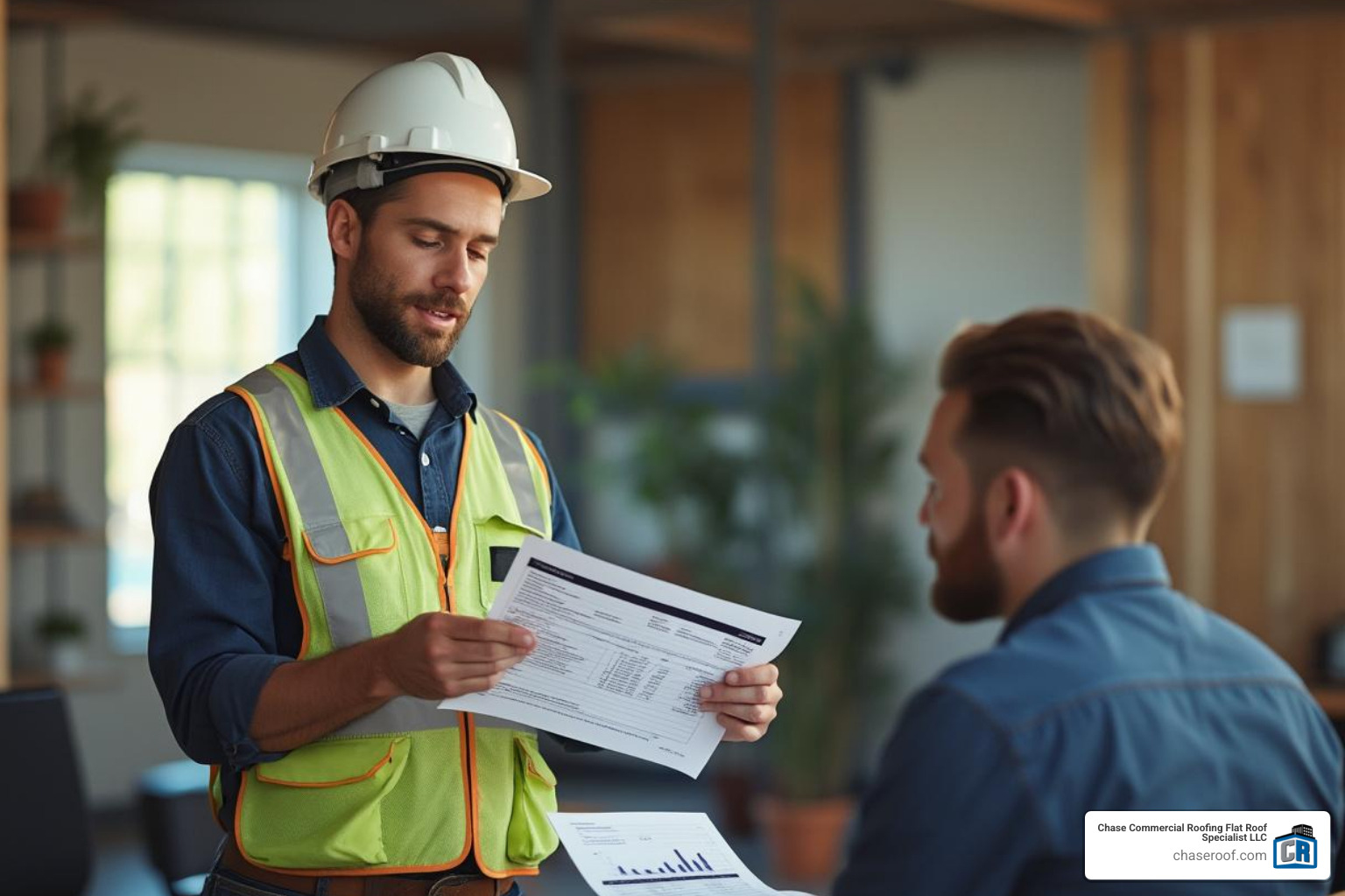 roofer providing a detailed estimate to a business owner - roofing company Woodland Park