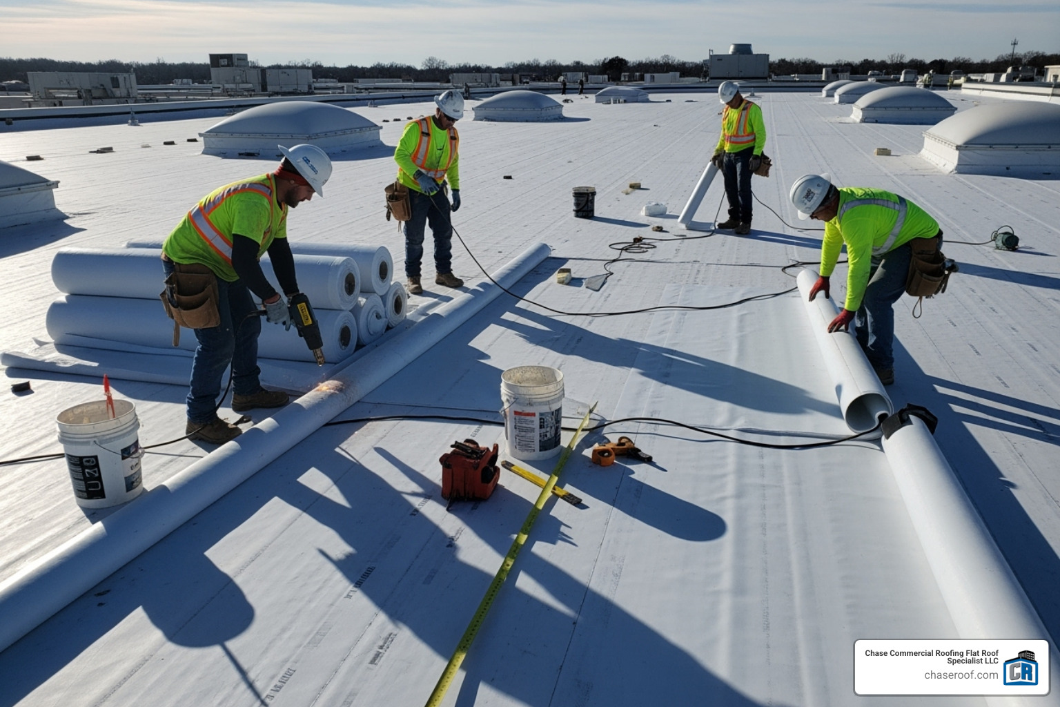 roofing crew installing a TPO membrane on a large commercial roof - roofing company Woodland Park