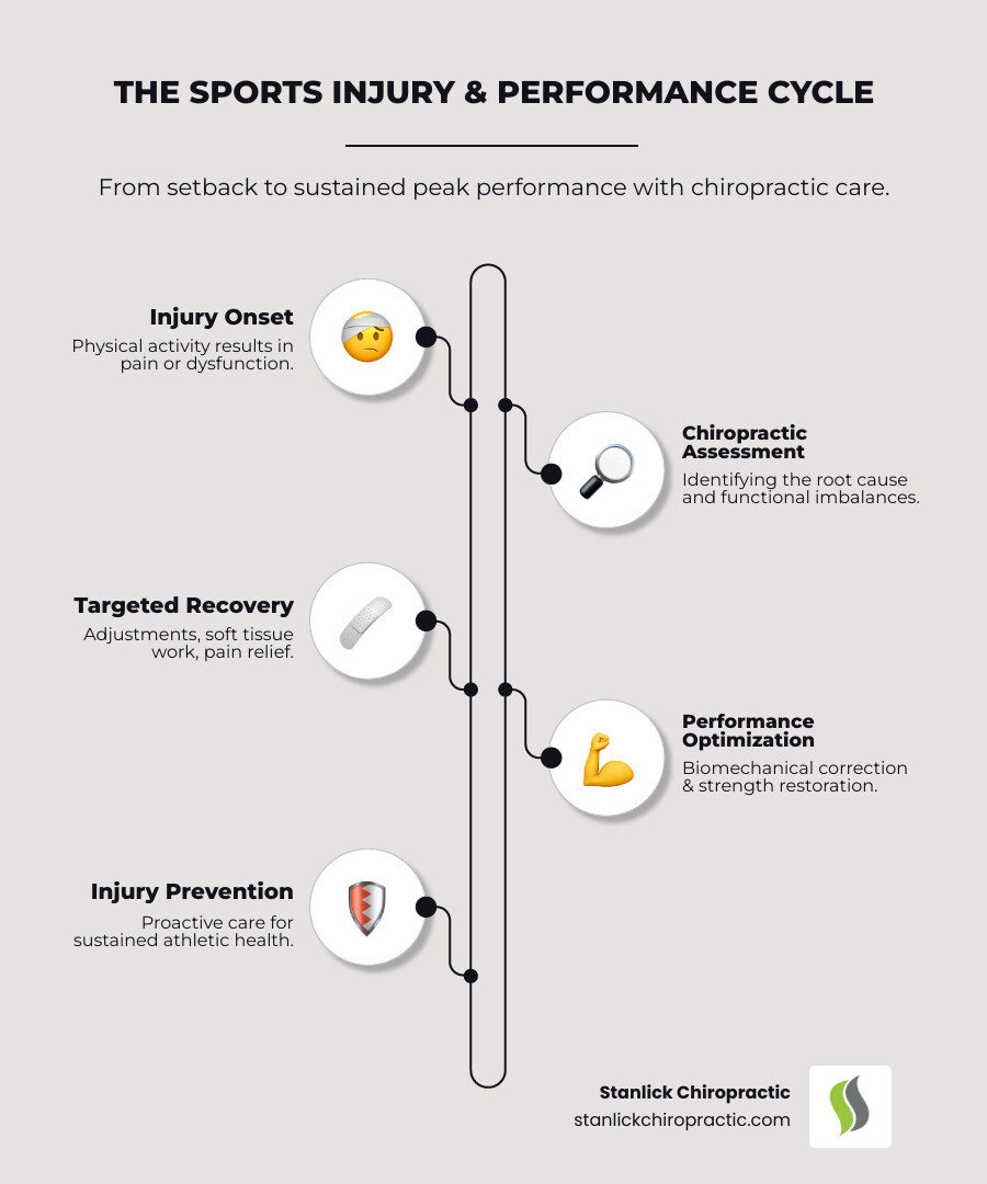 Comprehensive infographic showing the sports injury cycle from initial injury through chiropractic assessment, treatment phases including pain relief and mobility restoration, rehabilitation exercises, performance optimization, and ongoing injury prevention strategies - Sports injury chiropractor infographic infographic-line-5-steps-neat_beige