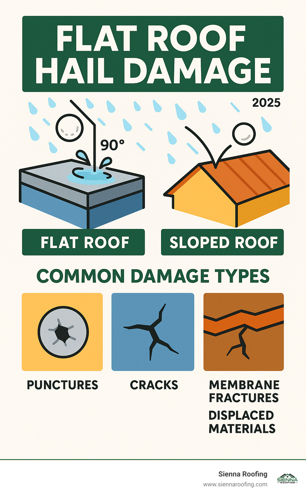 Infographic showing hail impact comparison between flat roofs (direct 90-degree hits with water pooling) versus sloped roofs (deflected impacts with immediate drainage), including common damage types for TPO, EPDM, and BUR membrane systems - flat roof hail damage infographic 