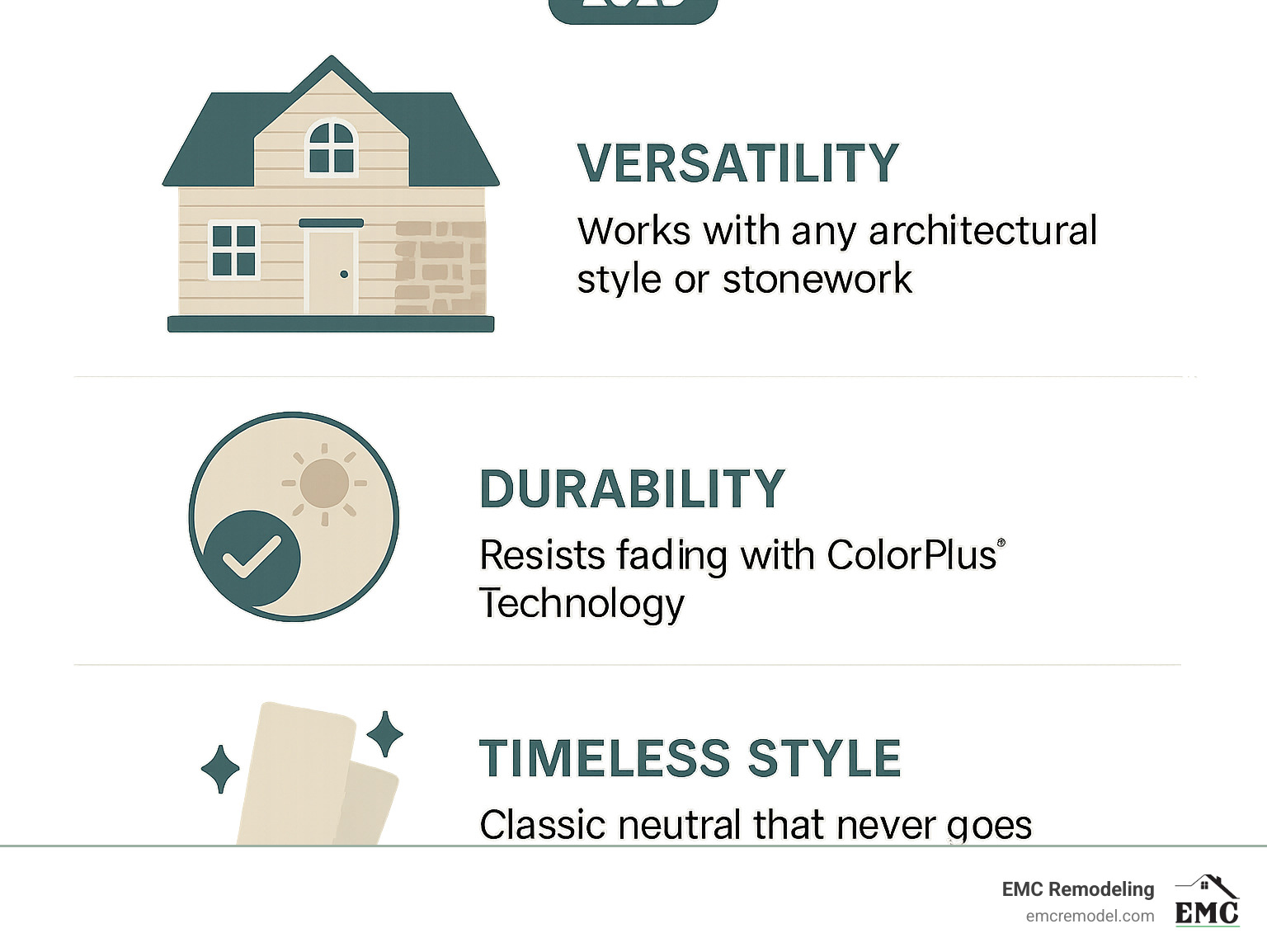 Infographic showing three main benefits of Navajo Beige James Hardie siding: Versatility with all architectural styles and stonework, Durability through ColorPlus Technology and fade resistance, and Timeless Style as a classic neutral that never goes out of fashion - navajo beige james hardie infographic 