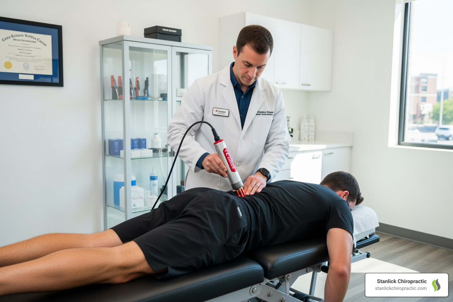 Chiropractor using a modern therapy tool like a K-Laser - Sports injury chiropractor