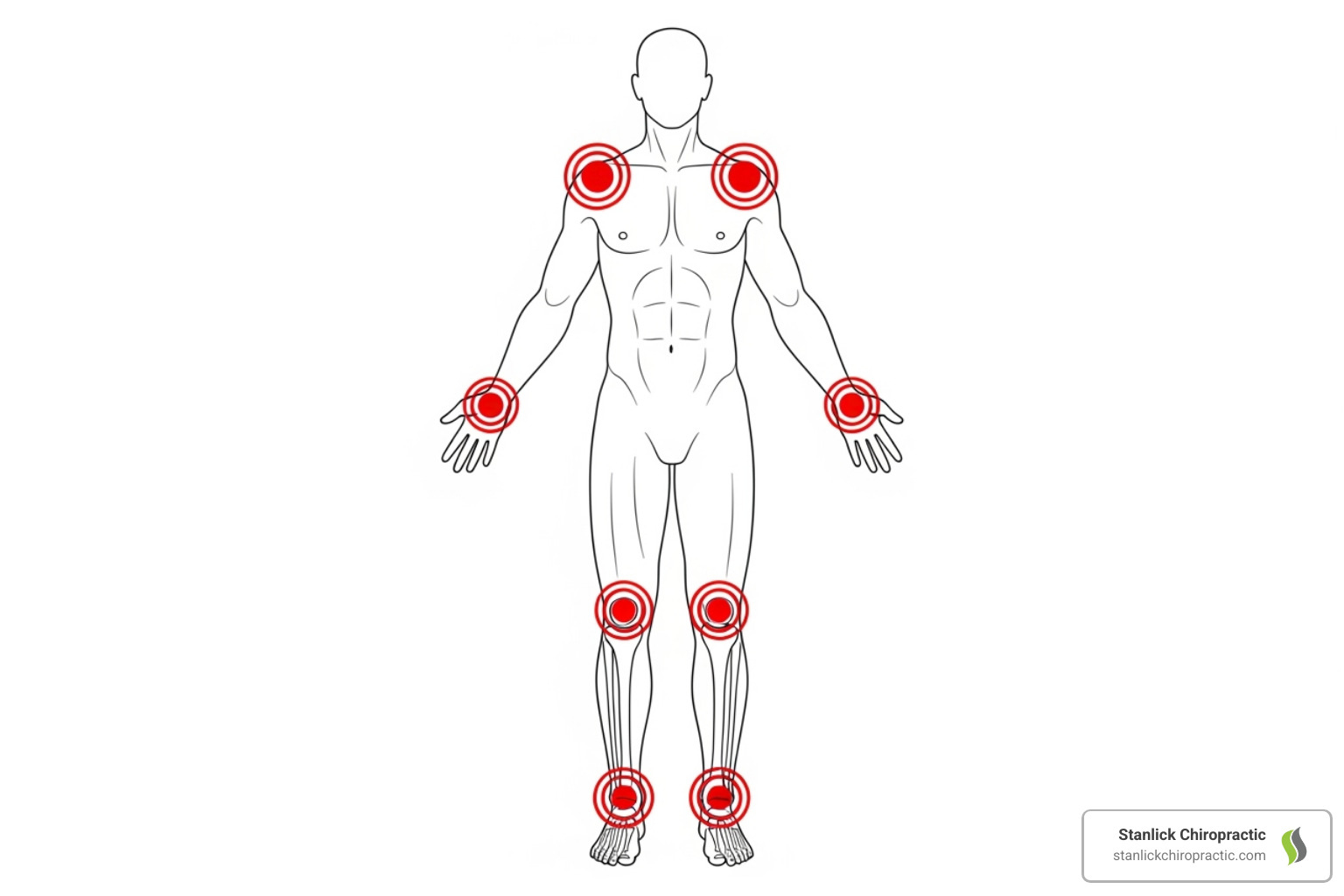 Diagram highlighting common sports injury locations like the shoulder, knee, and ankle - Sports injury chiropractor