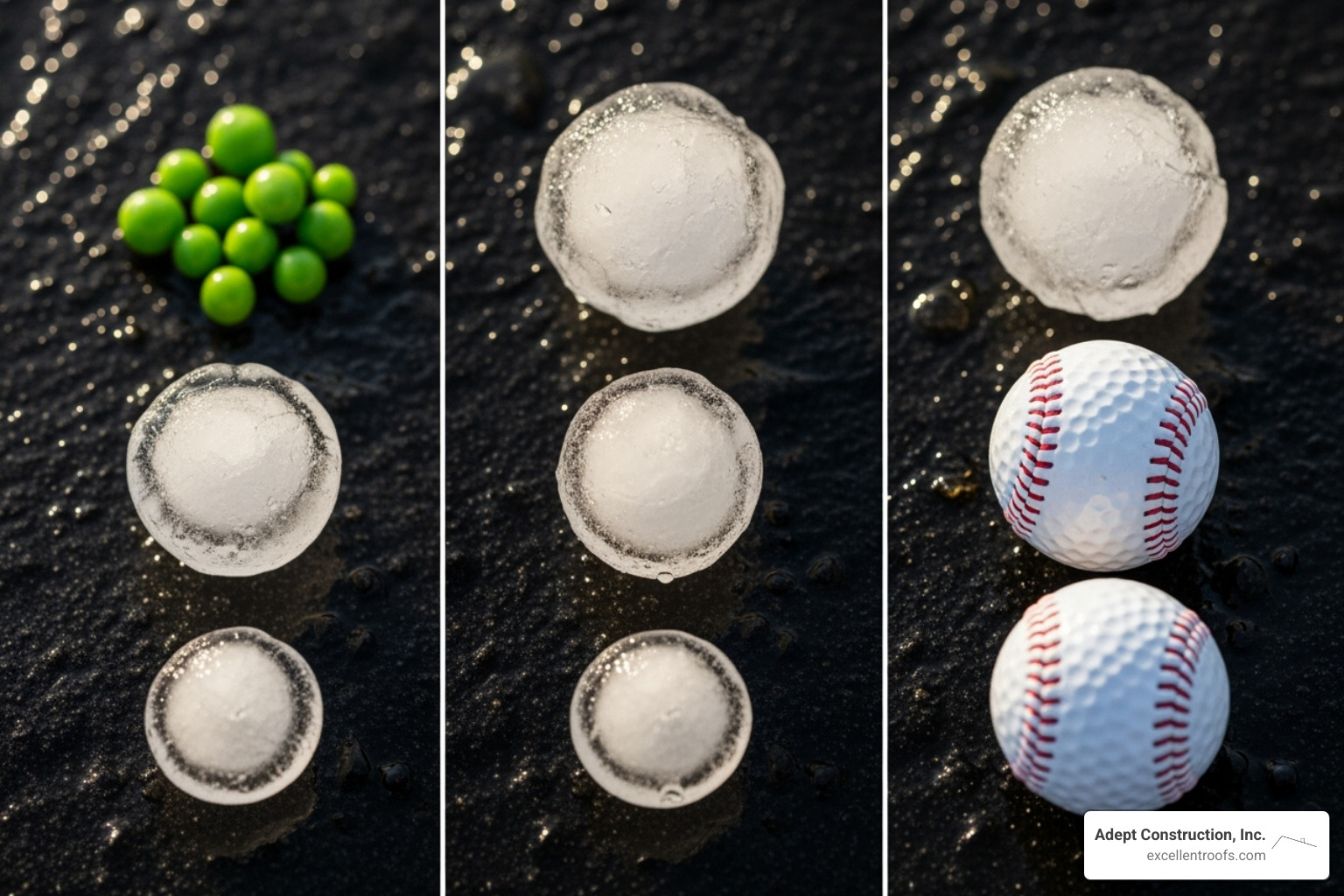 different hail sizes (pea, quarter, golf ball, baseball) - hail damage roof repair