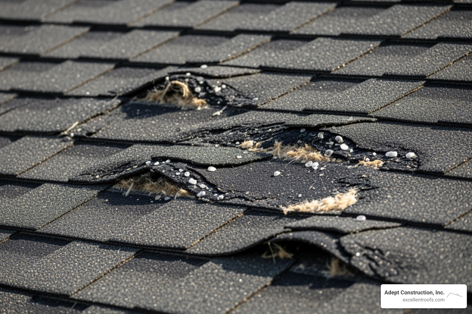 roof with visible shingle bruising and granule loss - hail damage roof repair