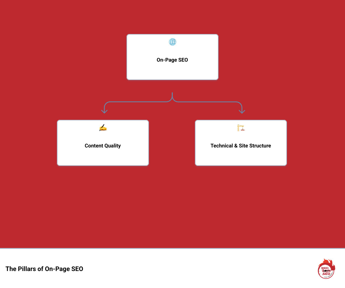 Comprehensive infographic showing the three main pillars of on-page SEO: Content Quality (including user intent, E-A-T factors, and readability), Technical Elements (featuring title tags, meta descriptions, header structure, and URL optimization), and Site Architecture (displaying internal linking strategy, navigation structure, and page hierarchy) - what is on-page seo infographic hierarchy
