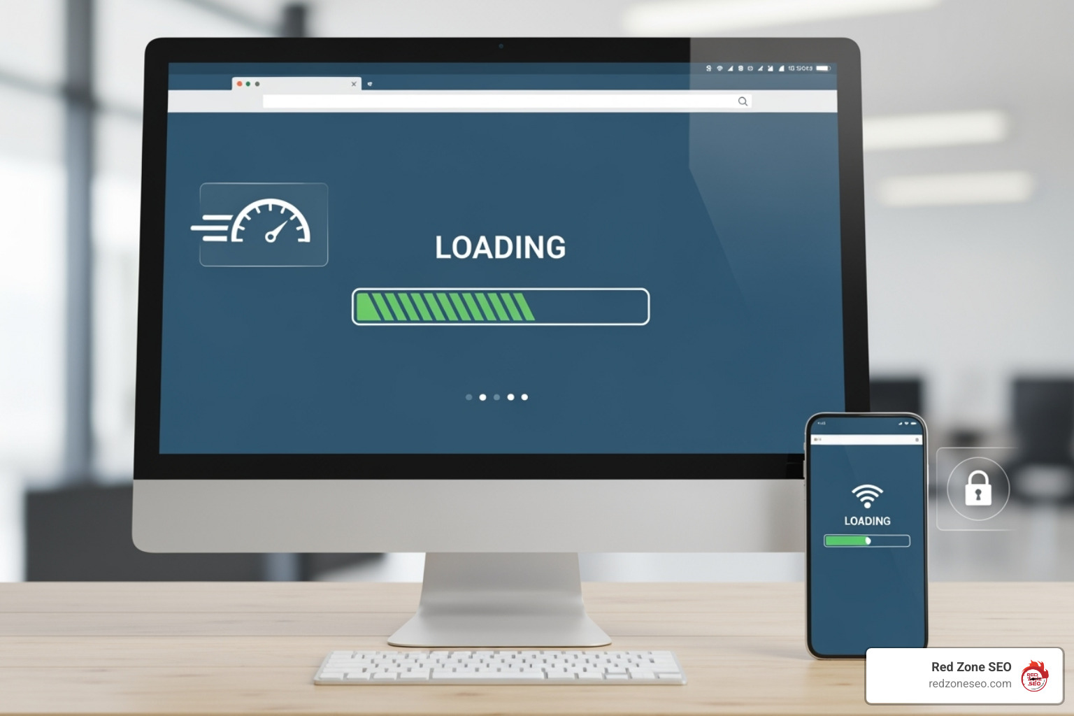a website loading on both a desktop and mobile device, with speed and security icons - what is on-page seo