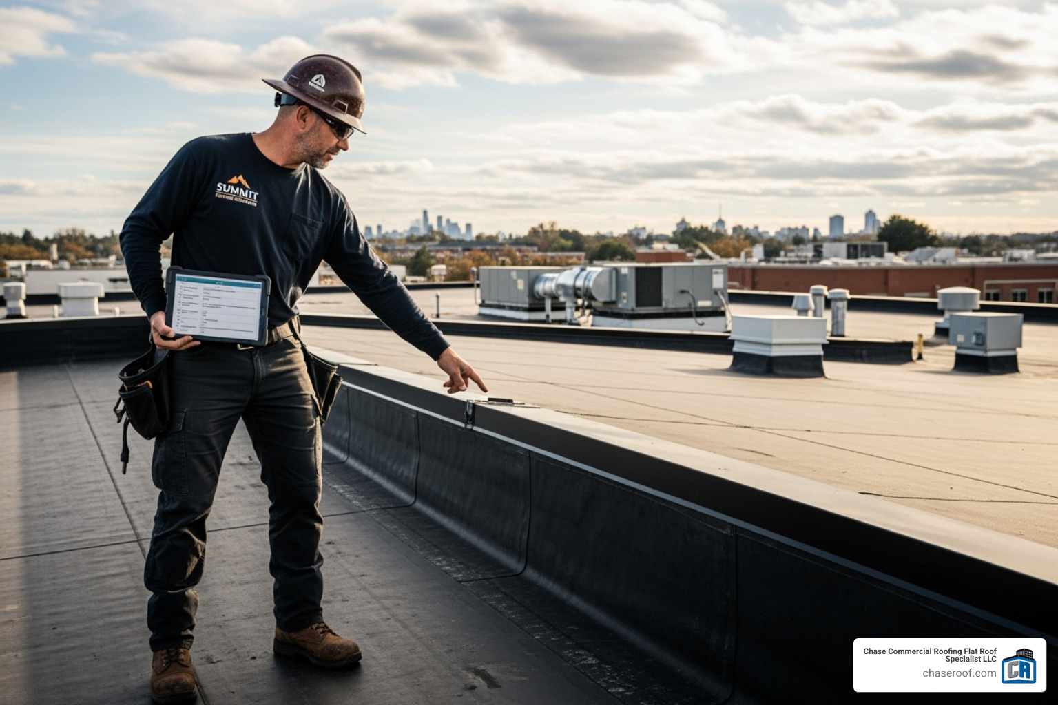 roofing contractor conducting a detailed roof inspection with a checklist - commercial flat roofing contractors