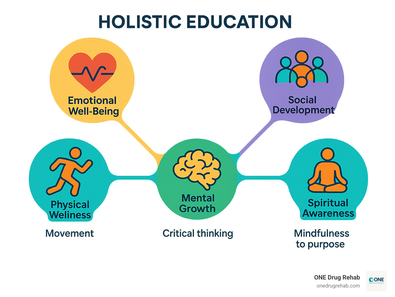 Infographic showing the five core dimensions of holistic education: emotional well-being (heart symbol with emotional regulation and empathy skills), social development (connected figures showing community engagement and relationship building), physical wellness (active figure showing movement and health practices), mental growth (brain symbol with critical thinking and creativity), and spiritual awareness (meditation figure showing mindfulness and connection to purpose) - holistic education programs infographic 