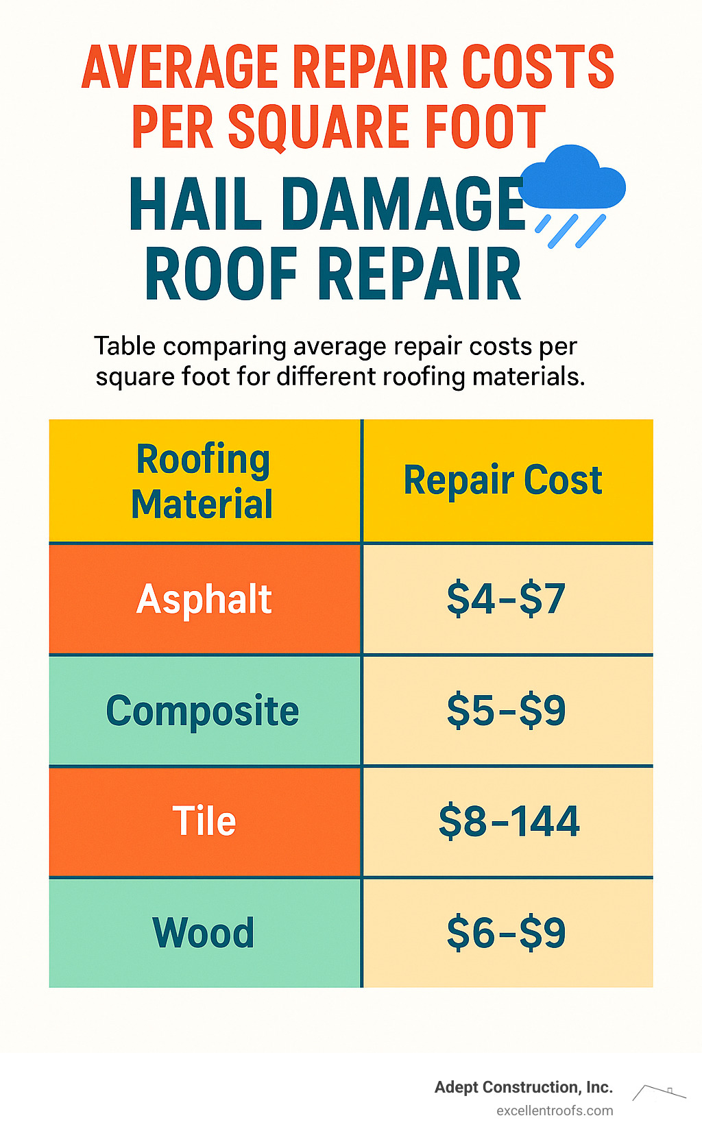 Table comparing average repair costs per square foot for different roofing materials (Asphalt, Composite, Tile, Wood) - hail damage roof repair infographic 