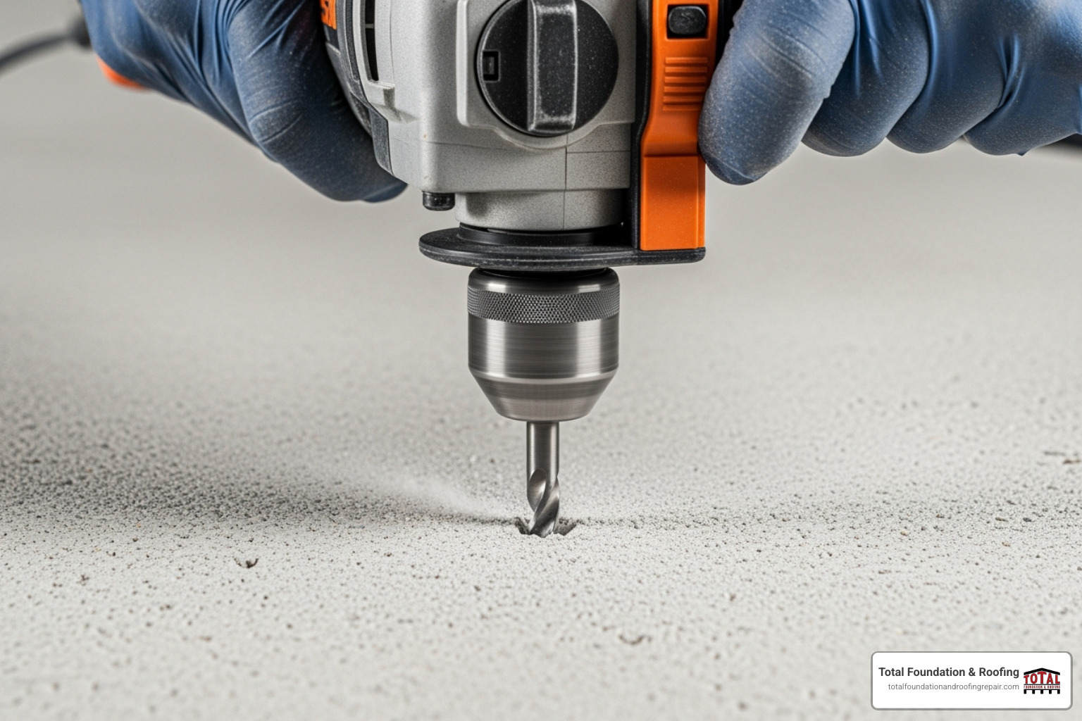 a technician drilling a small hole in a concrete slab - concrete leveling with foam injection a technician drilling a small hole in a concrete slab - concrete leveling with foam injection