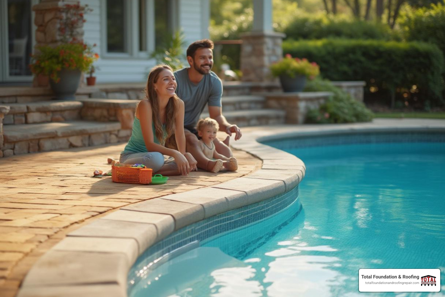 a homeowner happily using their newly leveled pool deck - concrete leveling with foam injection a homeowner happily using their newly leveled pool deck - concrete leveling with foam injection