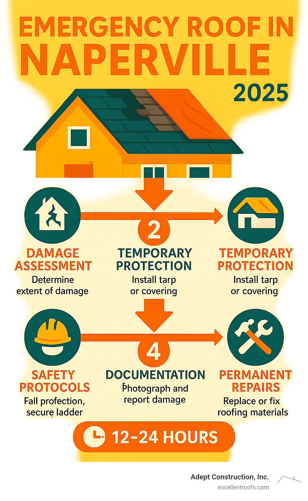 Emergency roof repair process infographic showing steps from damage assessment through temporary protection to permanent repairs, including safety protocols, documentation requirements, and timeline for typical emergency roof repair in Naperville - emergency roof repair in naperville infographic 
