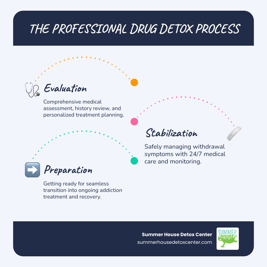 Comprehensive infographic showing the drug detox process including evaluation phase with medical assessment and substance history review, stabilization phase with 24/24 monitoring and medication management, and preparation phase with treatment planning and education, along with common withdrawal symptoms timeline and the importance of medical supervision - drug detox infographic infographic-line-3-steps-blues-accent_colors