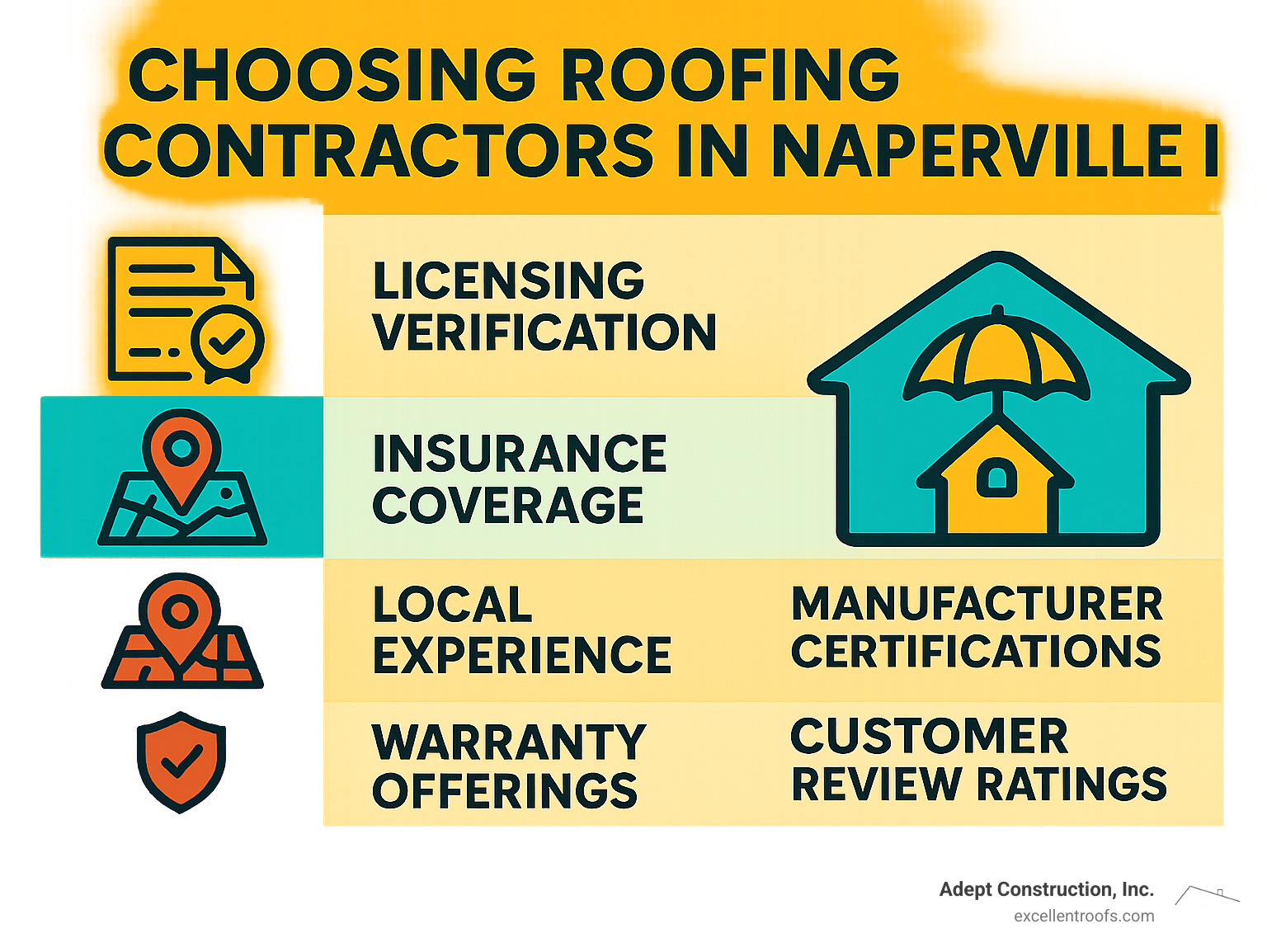 Comprehensive guide showing key factors when choosing roofing contractors in Naperville IL including licensing verification, insurance coverage, local experience, manufacturer certifications, warranty offerings, and customer review ratings - roofing companies naperville il infographic 