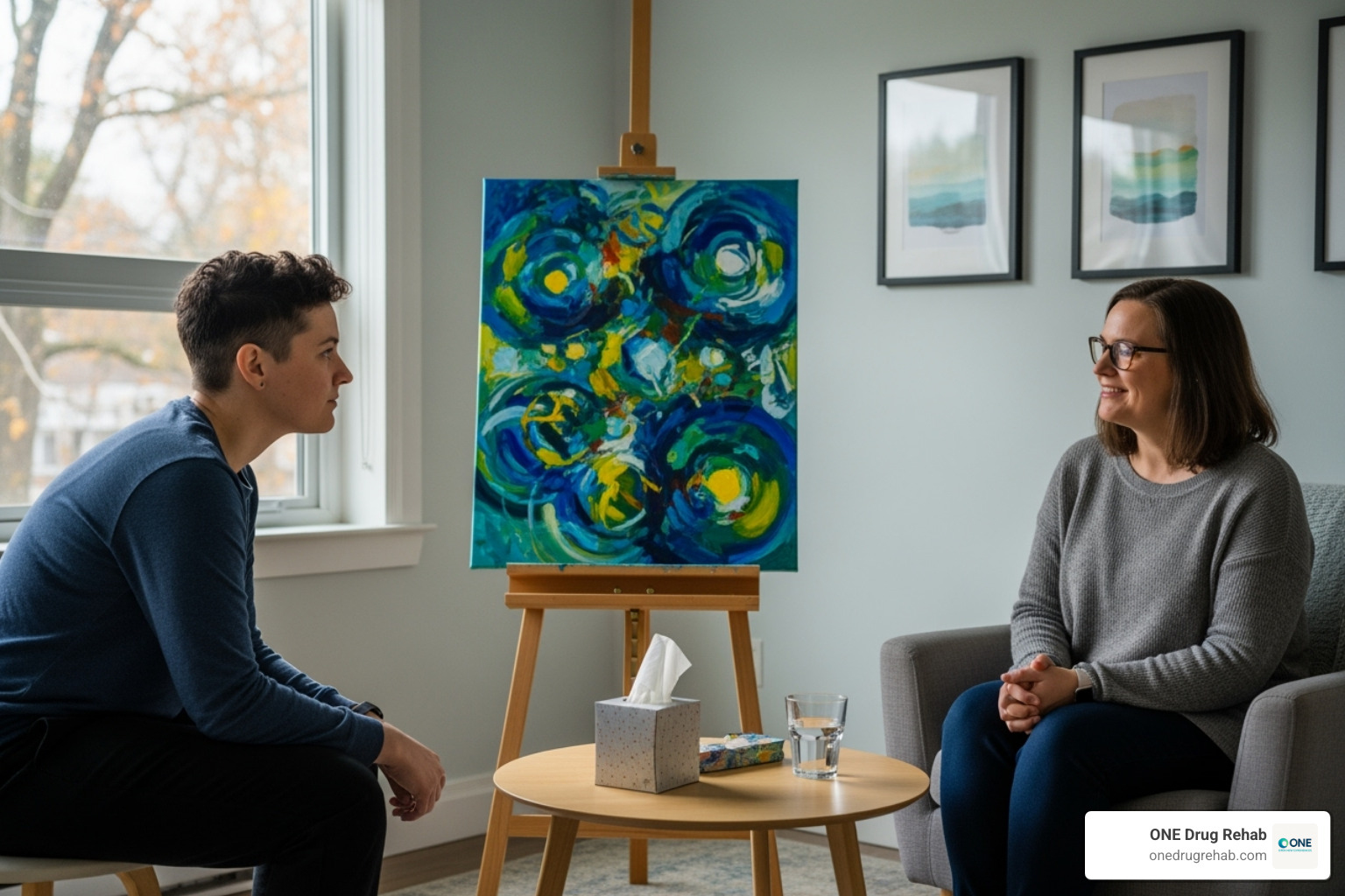 person looking thoughtfully at their artwork with a therapist - art therapy addiction person looking thoughtfully at their artwork with a therapist - art therapy addiction