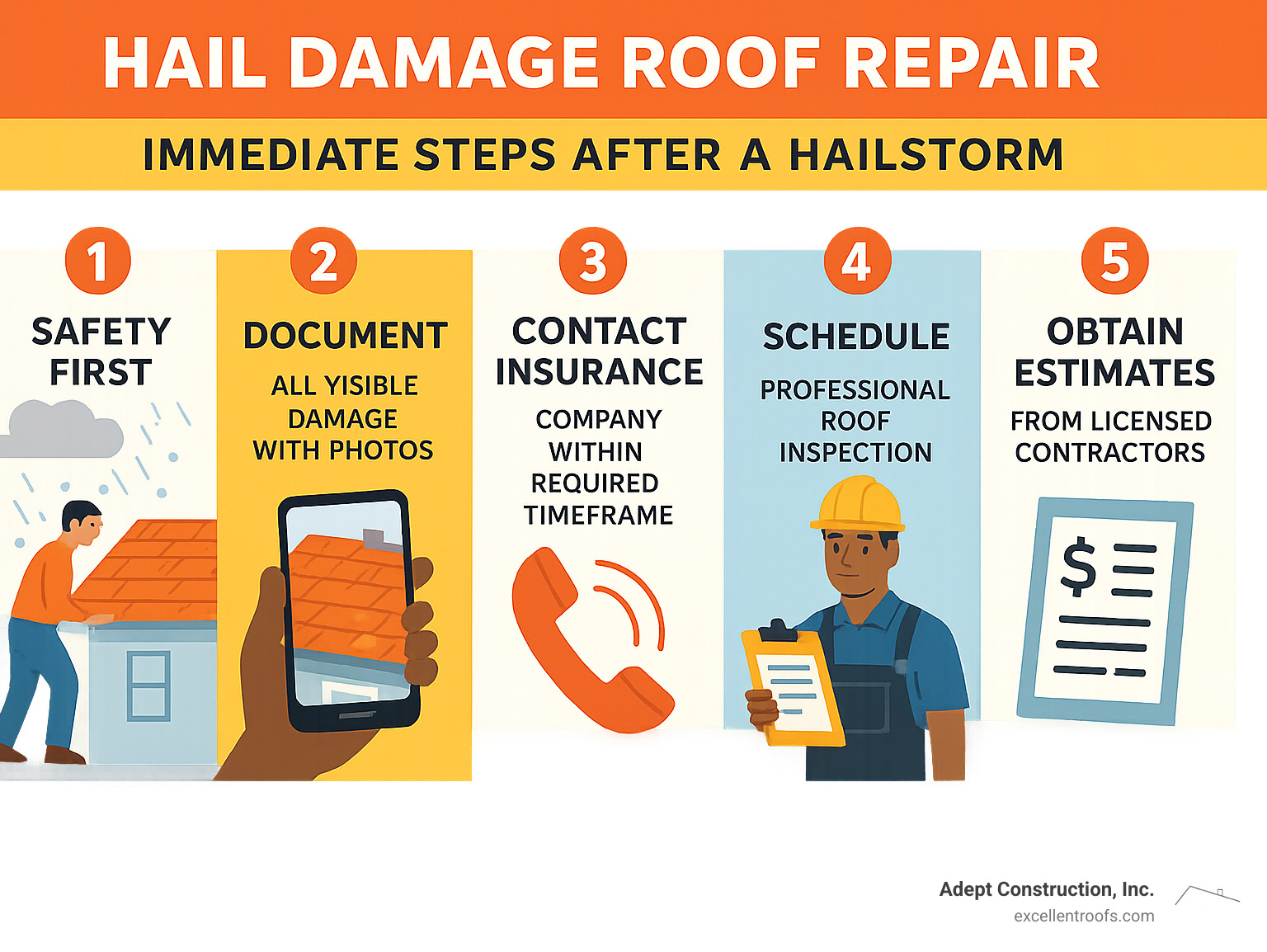 Infographic showing 5 immediate steps after hailstorm damage: 1) Safety first - inspect from ground level, 2) Document all visible damage with photos, 3) Contact insurance company within required timeframe, 4) Schedule professional roof inspection, 5) Obtain written estimates from licensed contractors - hail damage roof repair infographic 