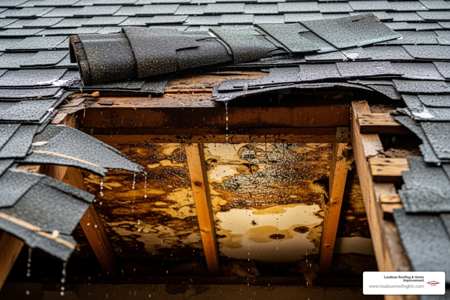 Examples of roof damage like curled shingles or water stains in an attic - roofing McLean VA
