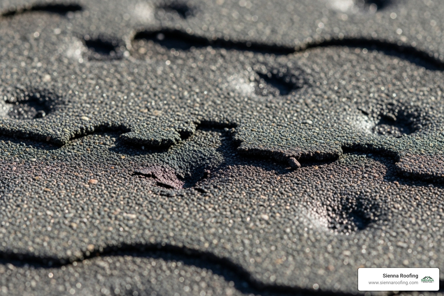 close-up on an asphalt shingle showing hail impact marks - hail and wind damage to roof