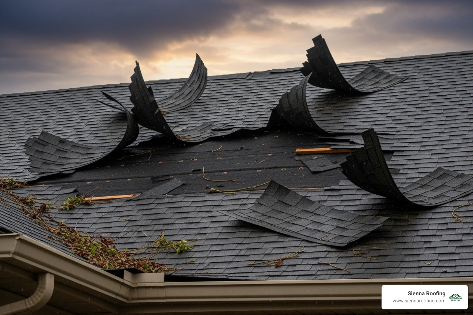 roof with missing and curled shingles after a high-wind event - hail and wind damage to roof