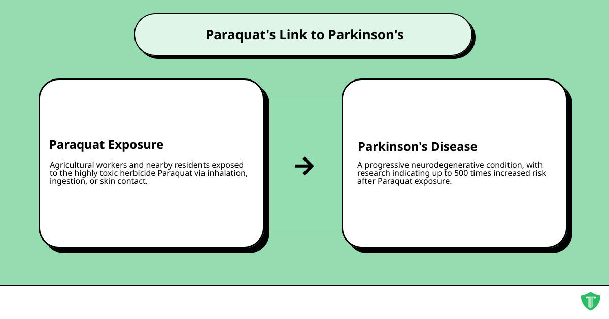 Detailed infographic showing the pathway from paraquat exposure through cellular oxidative stress to dopamine neuron damage, ultimately leading to Parkinson's disease symptoms, with statistics on increased risk factors - paraquat lawsuit attorney infographic cause_effect_text